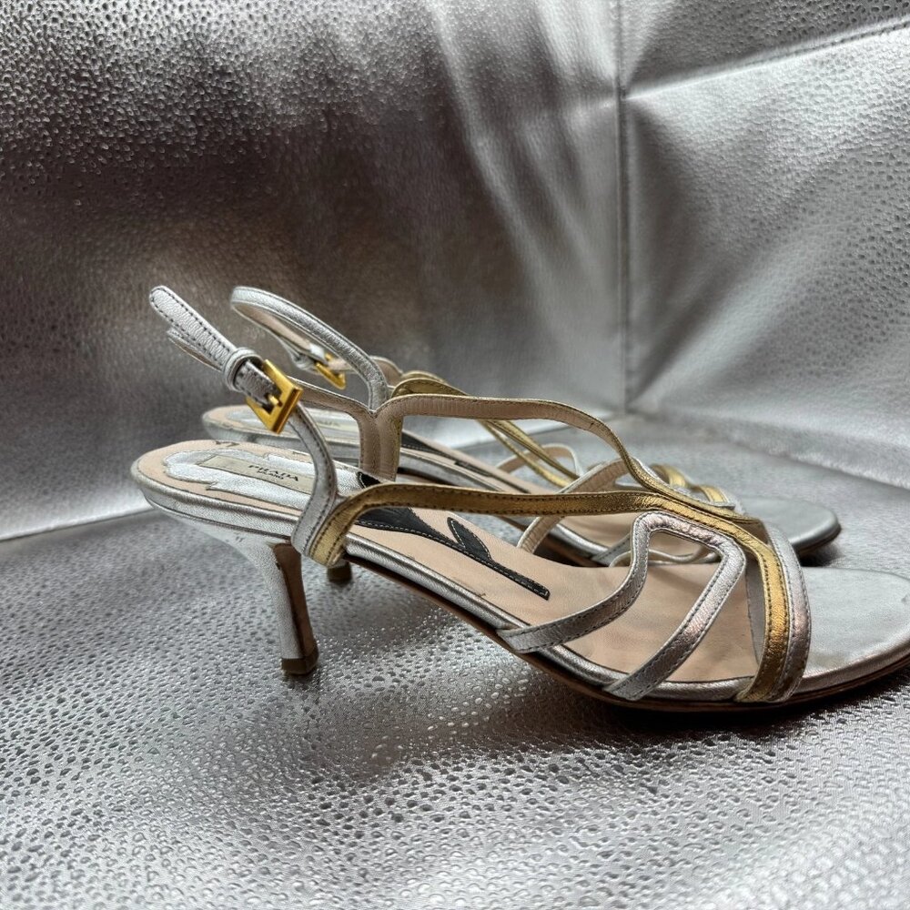 Size EU 35.5 Prada Platinum Gold Womens Leather Strappy Stiletto‎ Heel Sandals - Picture 2 of 9